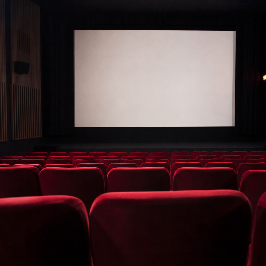 Sala de cine pequeña con butacas rojas vacías y la pantalla iluminada en blanco antes de empezar la función