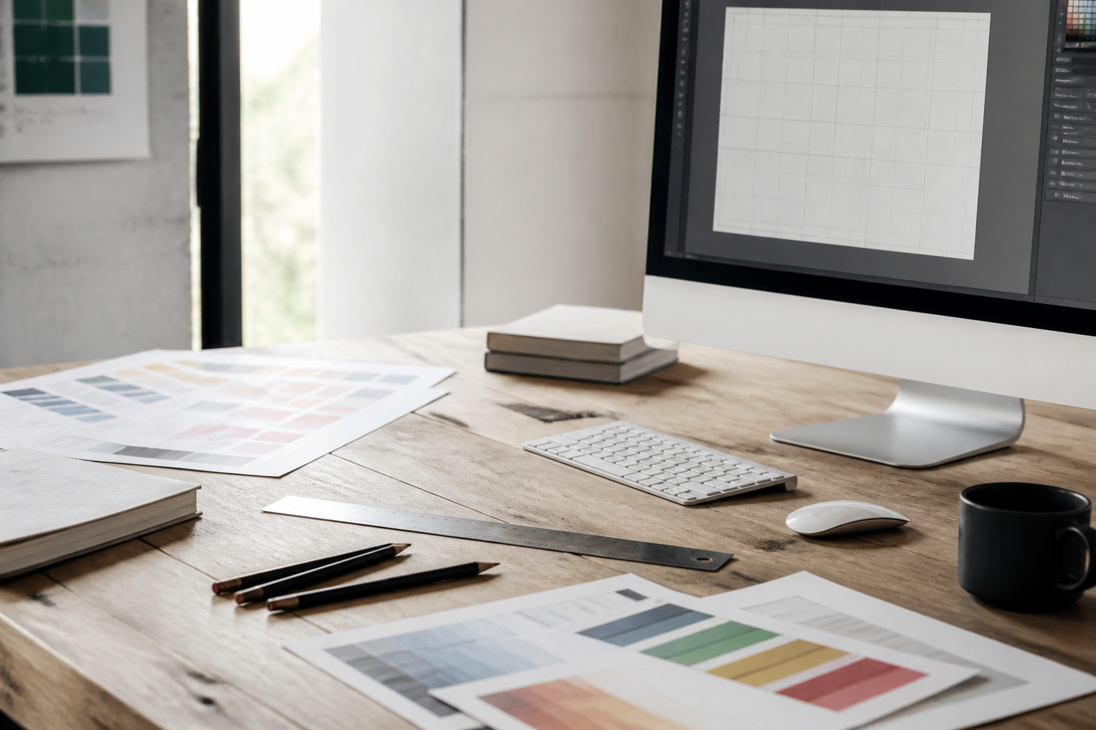 Mesa de trabajo con pruebas de color impresas, una regla metálica, lápices y una pantalla mostrando una retícula tipográfica