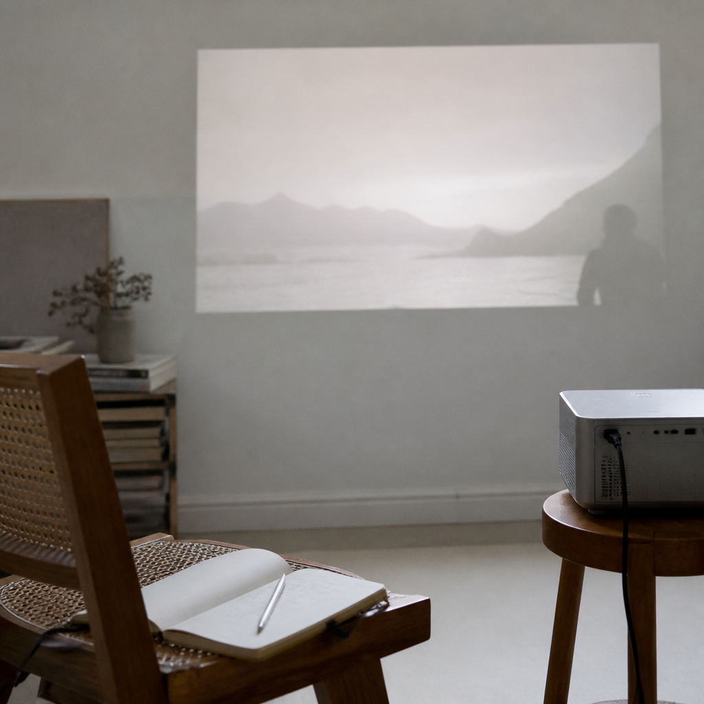 Proyector doméstico encendido sobre una pared blanca, con una silla de madera y un cuaderno abierto en primer plano