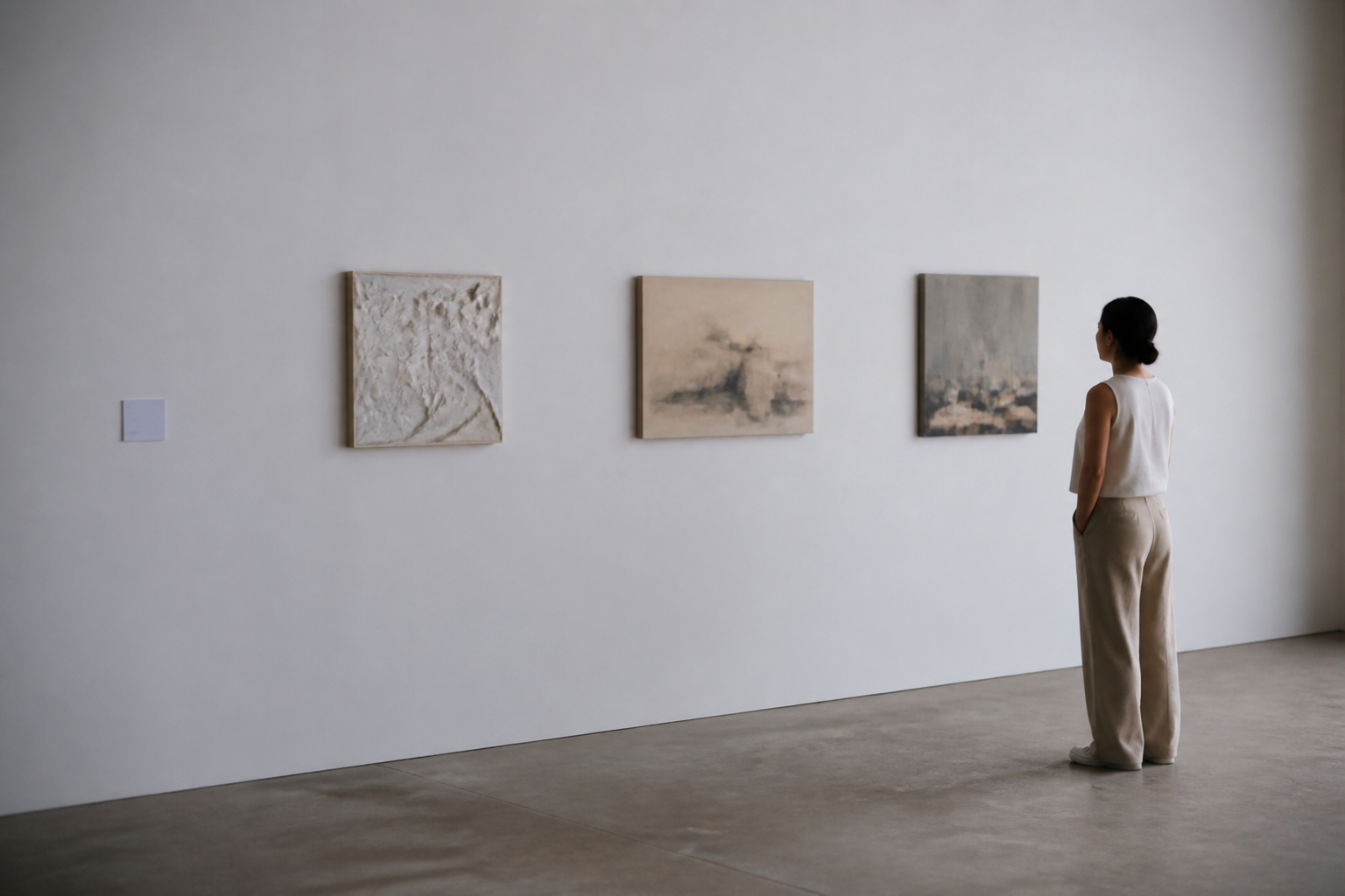 Sala de exposición temporal con muros blancos, tres piezas colgadas a la misma altura y una cédula de pared a la izquierda