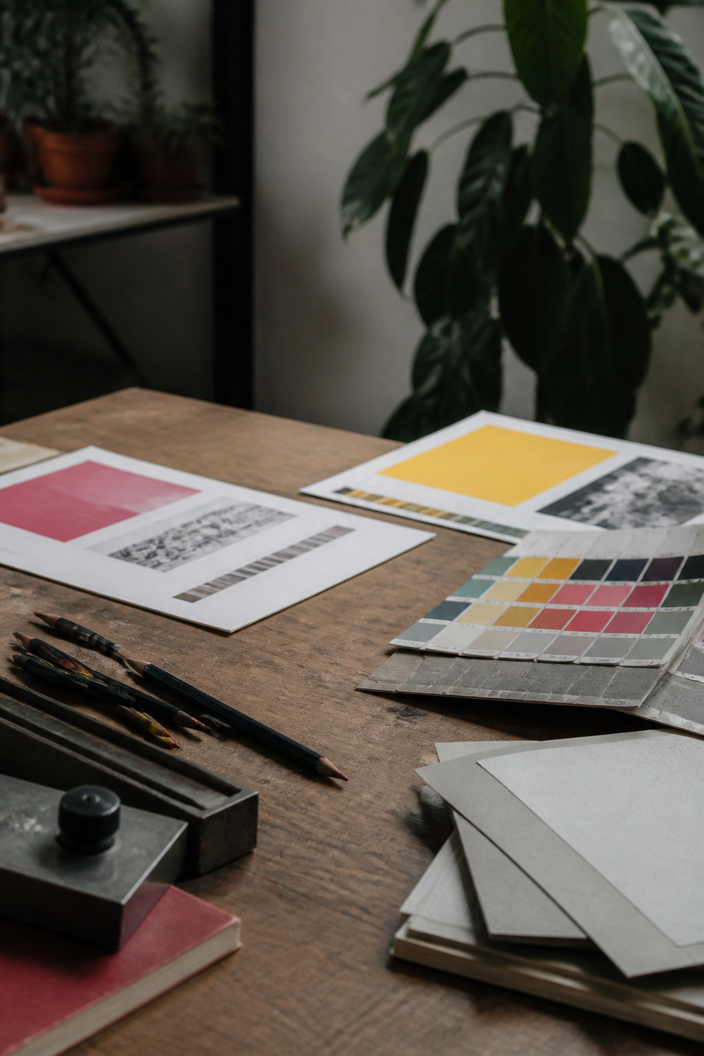 Mesa de taller con pruebas de impresión en color, tipómetro, lápices y muestras de papel apiladas