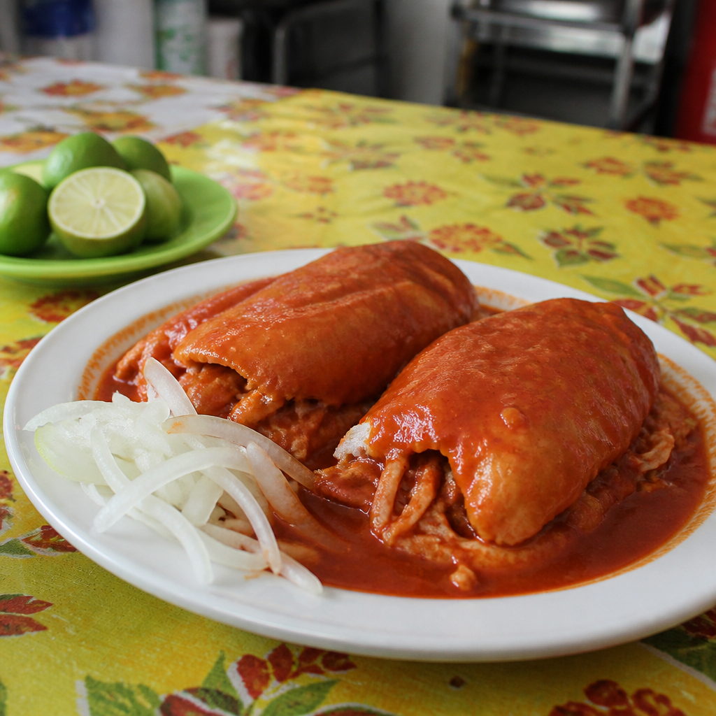Plato con dos tortas ahogadas bañadas en salsa roja, con cebolla y limones al lado sobre una mesa de fonda
