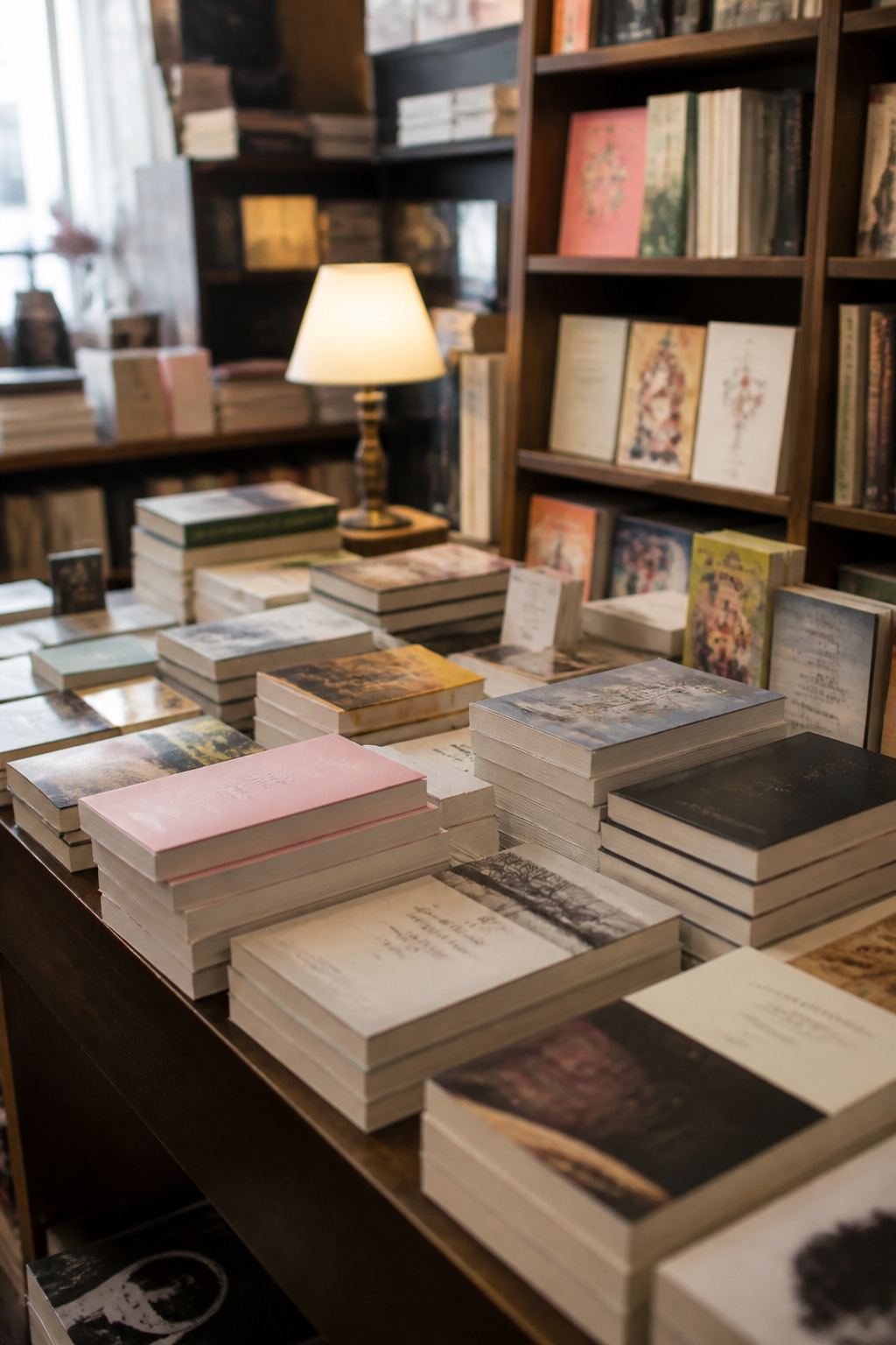 Mesa de novedades de una librería independiente con pilas de libros de tapa blanda y una lámpara encendida al fondo